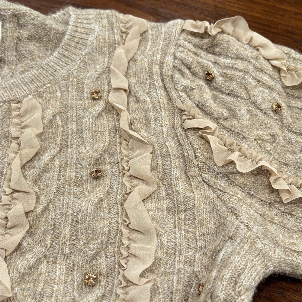NWT MAEVE (XS) Short-Sleeve Embellished Ruffled Cardigan Sweater Taupe Stretch - Picture 9 of 14